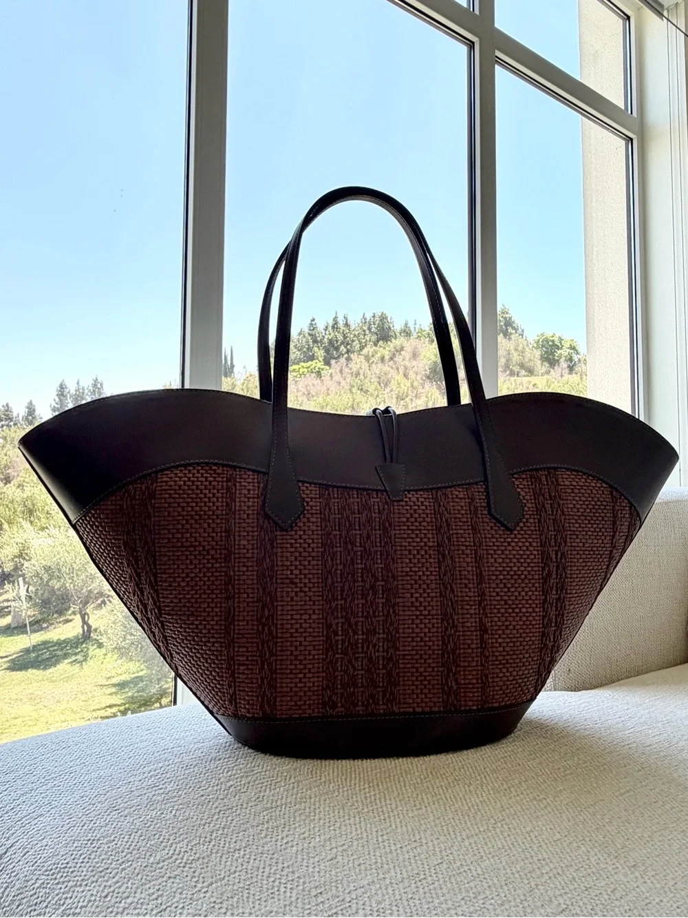 NWT Cheval Firenze Miranda Max Large Raffia Leather Tote Dark Brown Italy